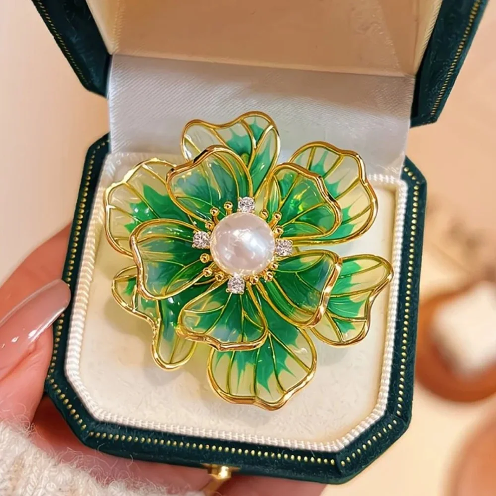Green Enamel Flower Brooch Pearl Center Elegant Floral Statement Pin